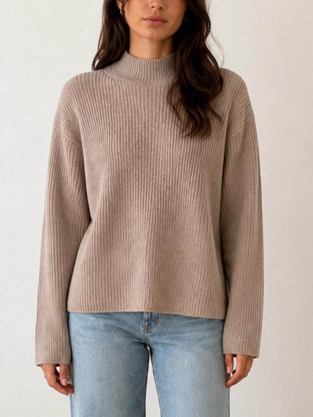 Gap Petite Light Oat Brown 24/7 Cotton Mock Neck Ribbed Pullover Sweater SP